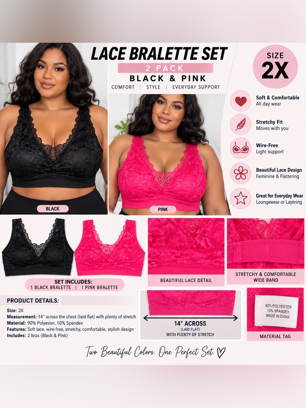 PRETTY NECESSITIES 2 PK LACE BRALETTES - BLACK & PINK SIZE 2X (NEW WITH TAGS) A4